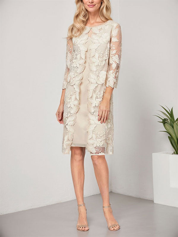 Vestido de corte A, escote redondo, largo hasta la rodilla, de gasa y encaje, para la madre de la novia, con chaqueta. 
