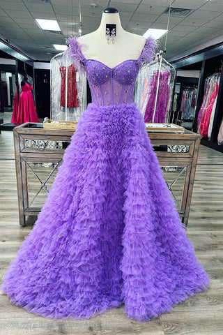 A Line Sweetheart Tiered Tulle Long Prom Dress With Slit