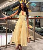 Robe de soirée sexy dos nu à décolleté plongeant en V, jaune satin imprimé, robe de bal Y8249