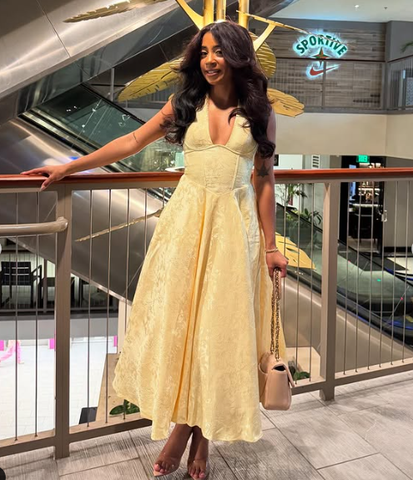 Sexy Halter Deep V Evening Dress Yellow Satin Print Prom Dress Y8249