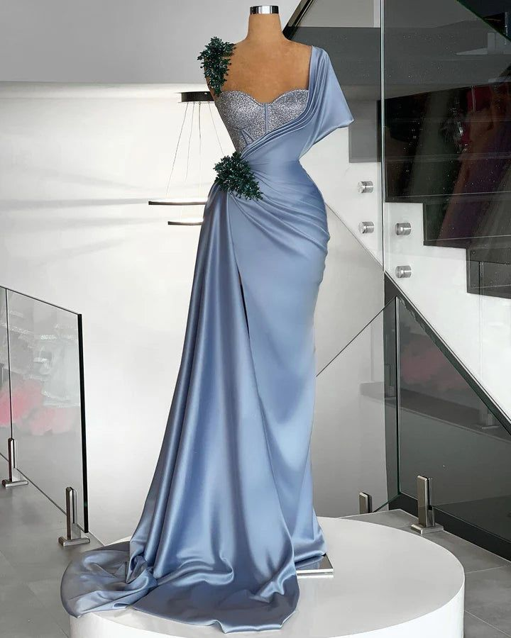 Precioso vestido de noche largo de sirena con cuentas de satén azul, vestido de fiesta formal Y8520