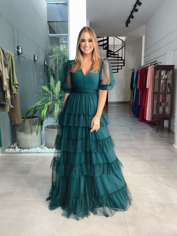 Green A-line V Neck Tulle Multi-layered Prom Dress Green Evening Dress Y6218