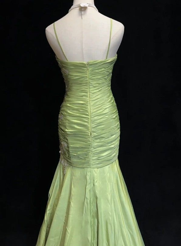 Robe de soirée sirène verte vintage en satin à sequins et perles, bretelles spaghetti, longue robe de bal Y8556