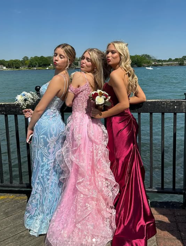 Vestido largo de fiesta rosa con hombros descubiertos, apliques florales de encaje esponjoso Y7846