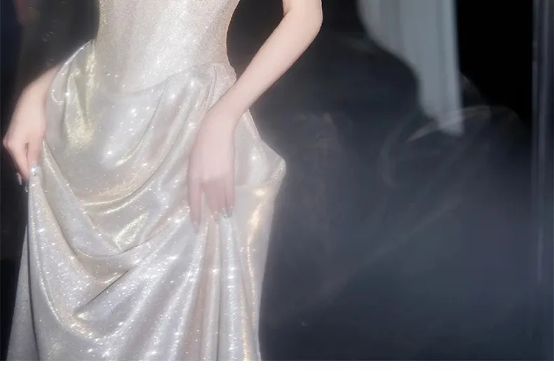 Vestido de noche largo de sirena brillante con hombros descubiertos Y8185