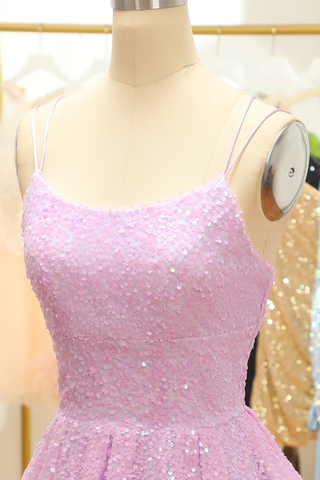 Vestido de fiesta de bienvenida con lentejuelas lilas, corte en A y cordones Y2994