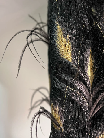 Gorgeous Black Tulle Gold Silk Feathers A Line Prom Dress Formal Evening Dress Y8652