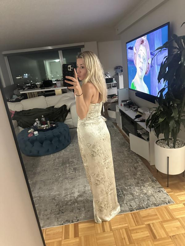 Fuchsia Printed Corset Front-Slit Satin Prom Dress Formal Evening Dress Y8458