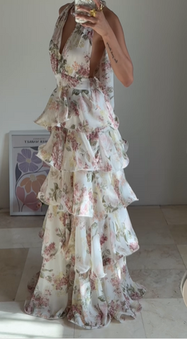 Glamorous Chiffon Print Floral A Line Backless Prom Dress V Neck Halter Layered Evening Dress Y8501