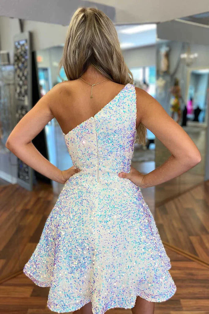 Sparkly A Line Sequined One Shoulder Homecoming Dress Y1256