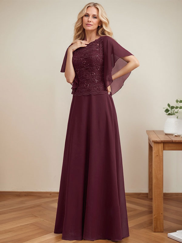 Vestido de novia de corte A, escote redondo, ilusión, largo hasta el suelo, de encaje y gasa con lentejuelas. 