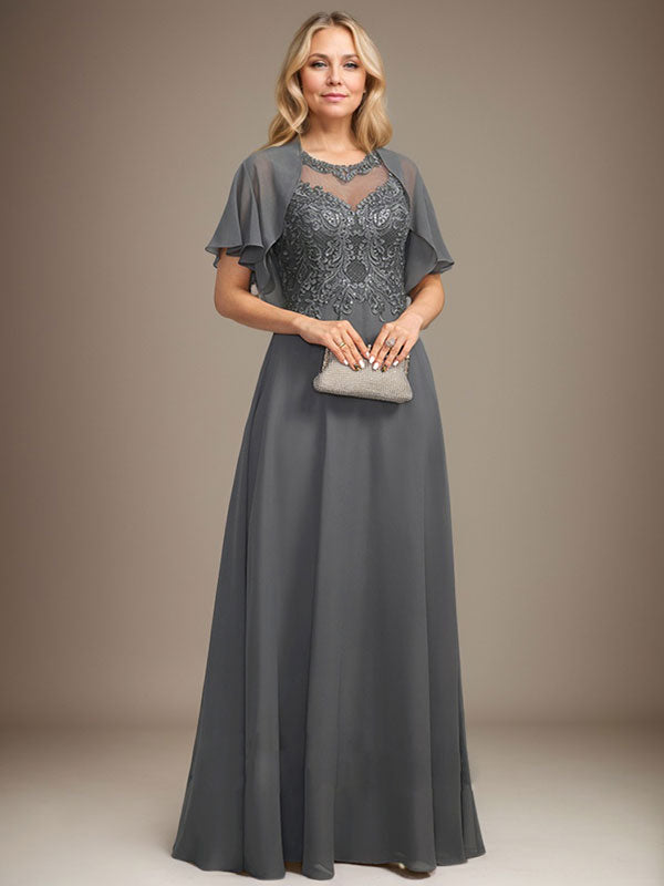 Robe de mère de la mariée en mousseline de dentelle, coupe trapèze, décolleté illusion, longueur au sol, ornée de sequins