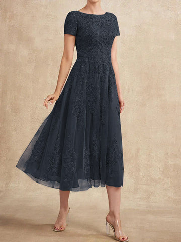 A-line Scoop Tea-Length Tulle Lace Mother of the Bride Dress