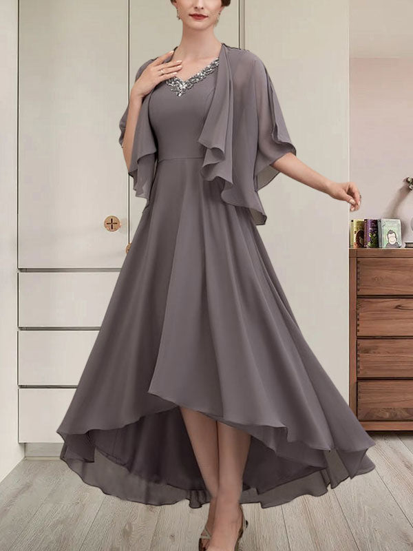 Vestido de corte A, escote en V, asimétrico, de gasa, para la madre de la novia, con lentejuelas y pedrería.