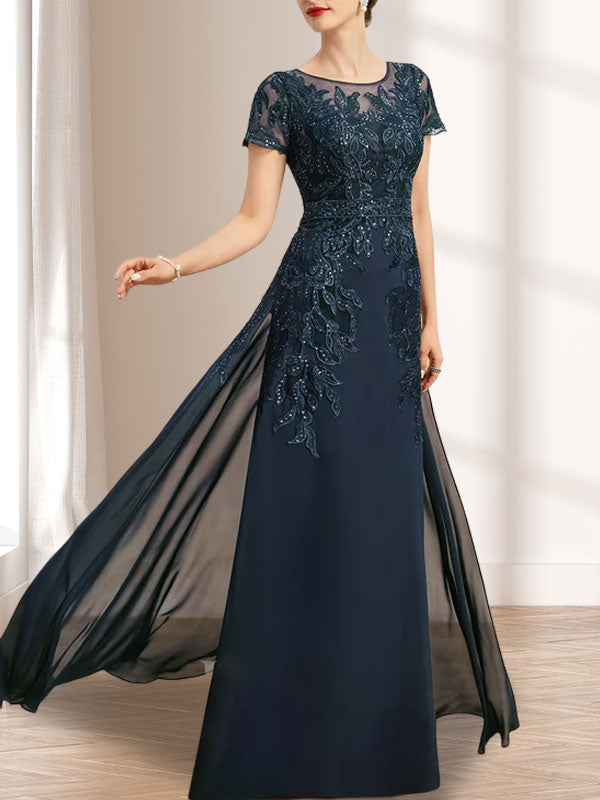 Vestido de novia de corte recto/columna, escote redondo, ilusión, largo hasta el suelo, de encaje y gasa con lentejuelas.