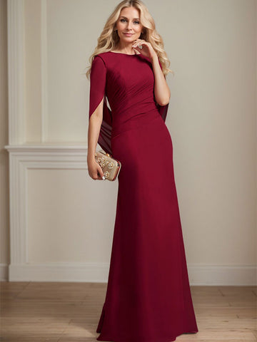 Robe de mère de la mariée en mousseline de soie, coupe trompette/sirène, col bateau, longueur au sol, avec plis 