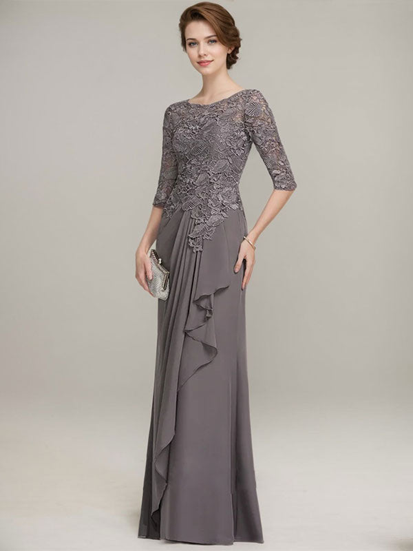 Robe de mère de la mariée en mousseline de dentelle, coupe trapèze, décolleté illusion, longueur au sol, avec volants cascade 