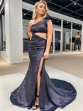 Vestido de sirena negro brillante único de un solo hombro para baile de graduación