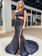 Vestido de sirena negro brillante único de un solo hombro para baile de graduación