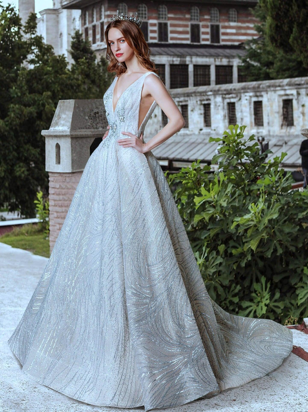 Baoleely A-line Light Grey Gown of Embroidered Matches the Low V-back