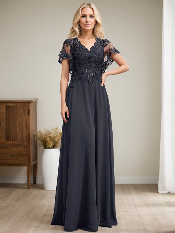 Vestido de novia de corte A, escote en V, largo hasta el suelo, de gasa de encaje con lentejuelas para la madre de la novia 