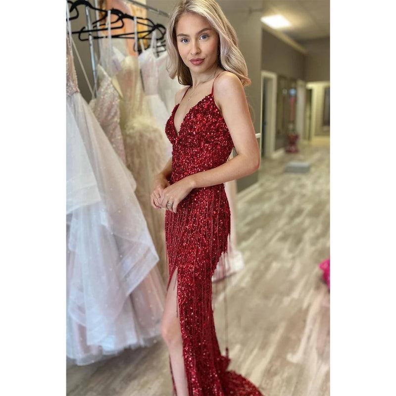 Robe de bal bordeaux à bretelles spaghetti et col en V pour femme 