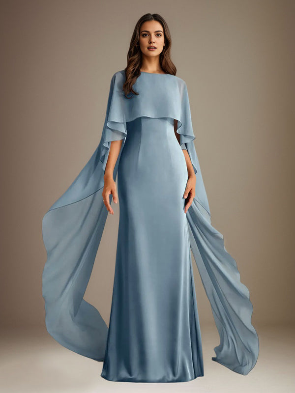 Vestido de gasa de corte recto/columna, escote barco y largo hasta el suelo, para la madre de la novia, con volantes en cascada. 