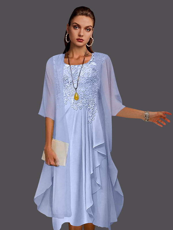 Vestidos de dos piezas de corte A, de gasa, encaje, sin mangas, con chaqueta, pliegues y apliques. 