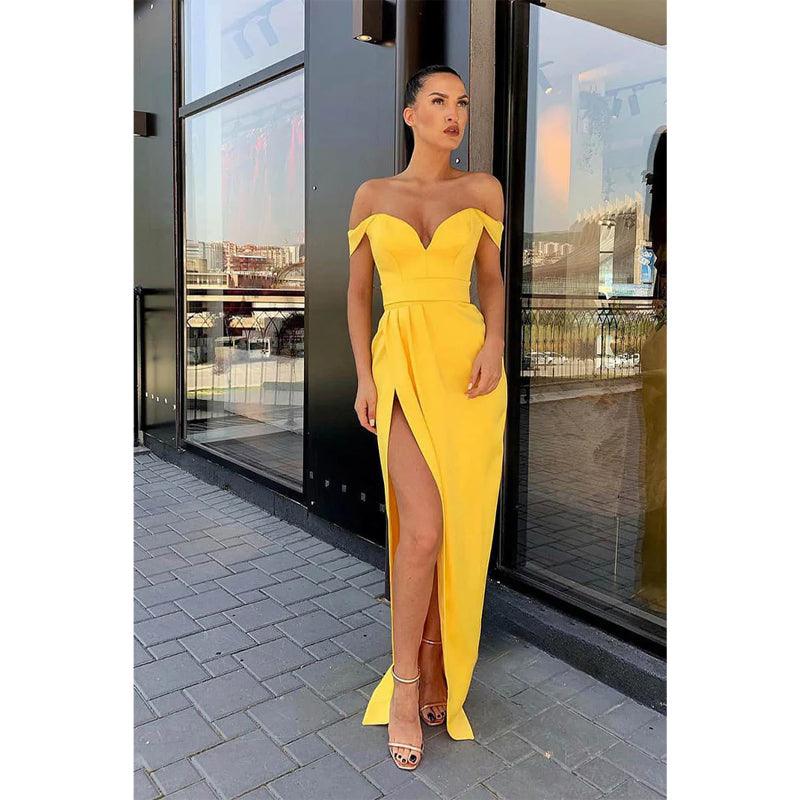 Vestido de fiesta largo amarillo con hombros descubiertos y corte tubo/columna 