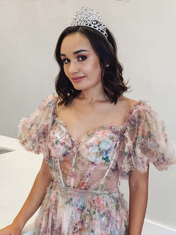 Sydney | Vestido de graduación de tul floral con hombros descubiertos
