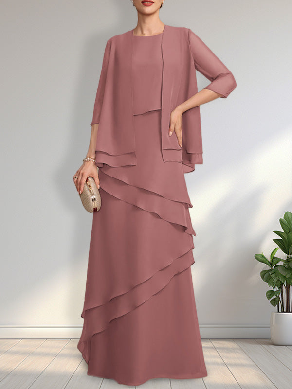 Vestido de gasa de corte recto y escote redondo hasta el suelo para la madre de la novia