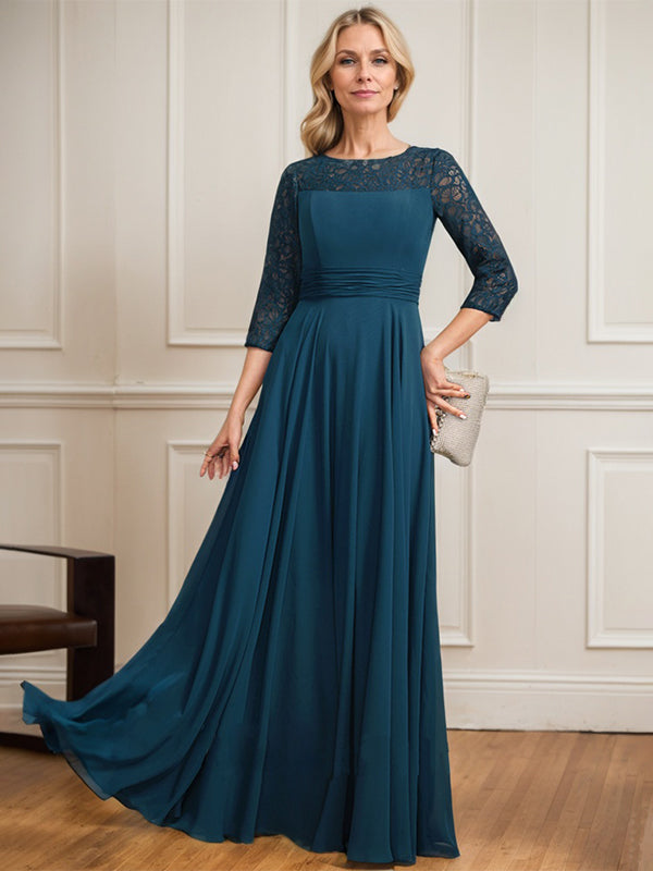 Robe de mère de la mariée en mousseline de dentelle, coupe trapèze, décolleté plongeant illusion, longueur au sol, avec plis. 