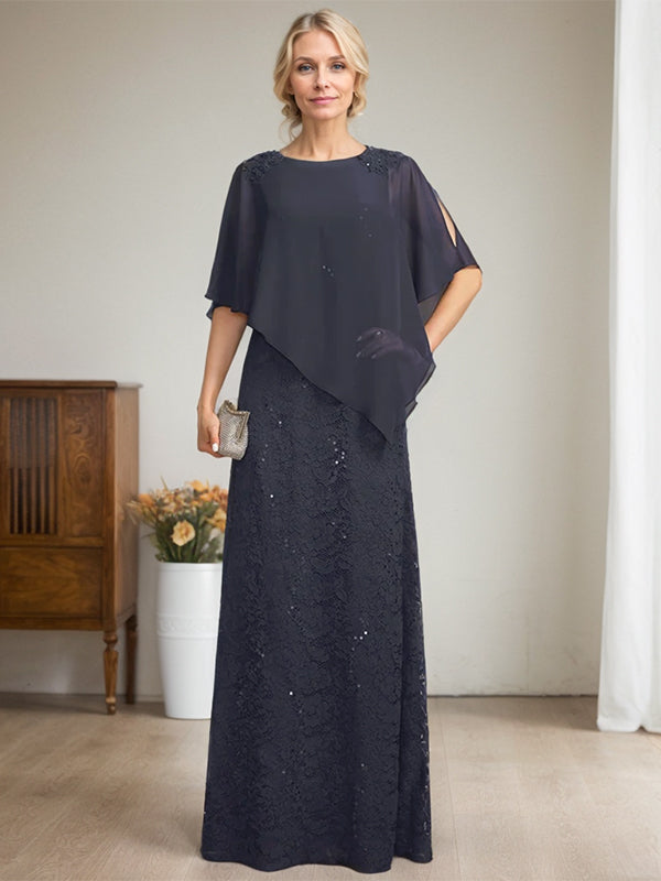 Robe fourreau/colonne longue en mousseline de soie et dentelle, ornée de sequins et de perles, pour la mère de la mariée.