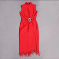 Beaded Belt Bandage Evening Dress Sleeveless Split Feather Party Tight Dress Cocktail