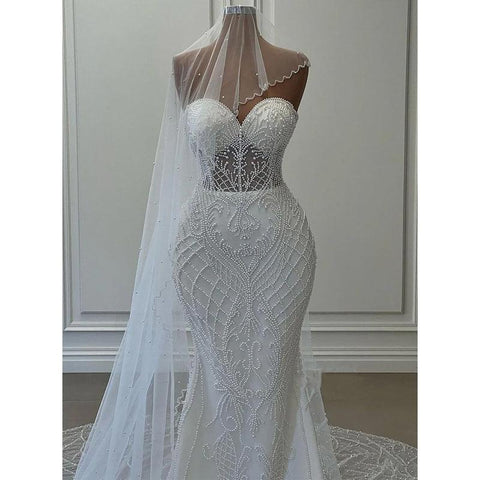 Sheath Mermaid Strapless Satin Bedaed White Long Prom Dress Wedding Dress