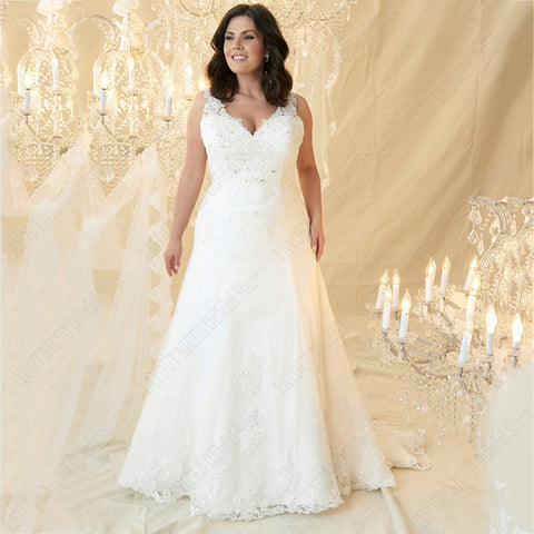 Plus Size Wedding Dresses V-Neck Sleeveless Appliques Beads vestido noiva boho Lace Up Back Sweep Train Custom Made
