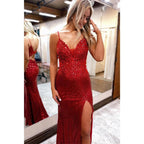 Robe de bal à bretelles spaghetti, dentelle, paillettes et appliques avec fente 