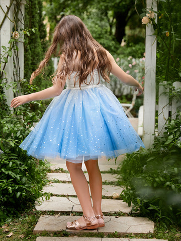 Vestido de princesa/vestido de tul azul hasta la rodilla para niña de las flores 