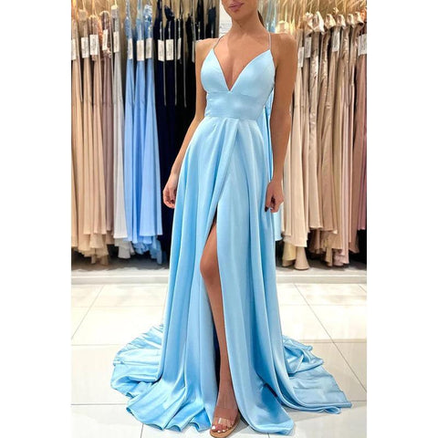 V-Neck Sheath/Column Satin Pleats Split Criss-Cross Straps Prom Dress