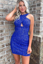 Sheath Halter Red Sequins Homecoming Dress with Backless