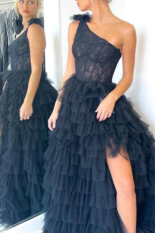 One Shoulder Corset Tiered Long Prom Dress with Ruffles