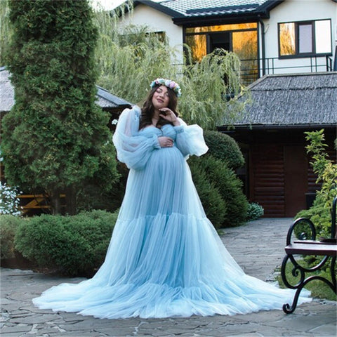 Robe en gaze, grande taille, style photo, avec surpiqûres duveteuses, robe de soirée de maternité, robe à manches longues 6138#