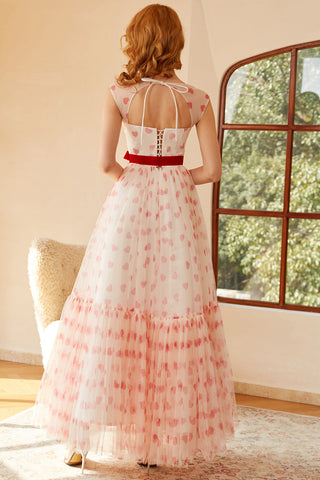 Vestido largo de fiesta corte princesa, línea A, escote corazón y lazo