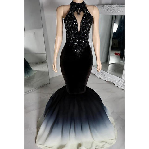 Vestido de fiesta de noche con cuentas, sin mangas, cuello alto y corte trompeta/sirena