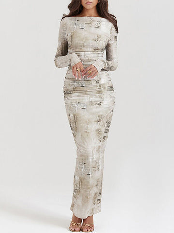 Vestidos largos de noche ajustados de manga larga con estampado, espalda con abertura, escote redondo y abertura lateral. 