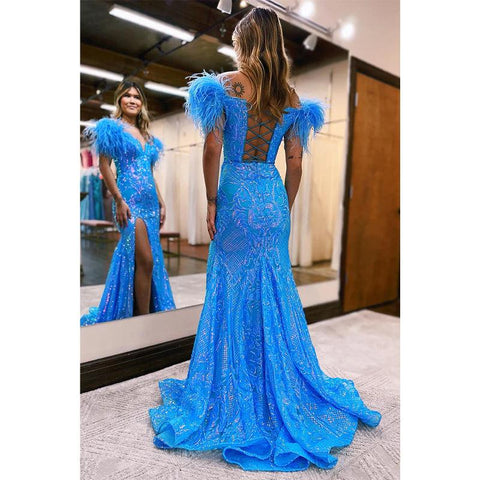 Robe de bal sirène longue et sexy à col en V, avec paillettes et plumes, et fente