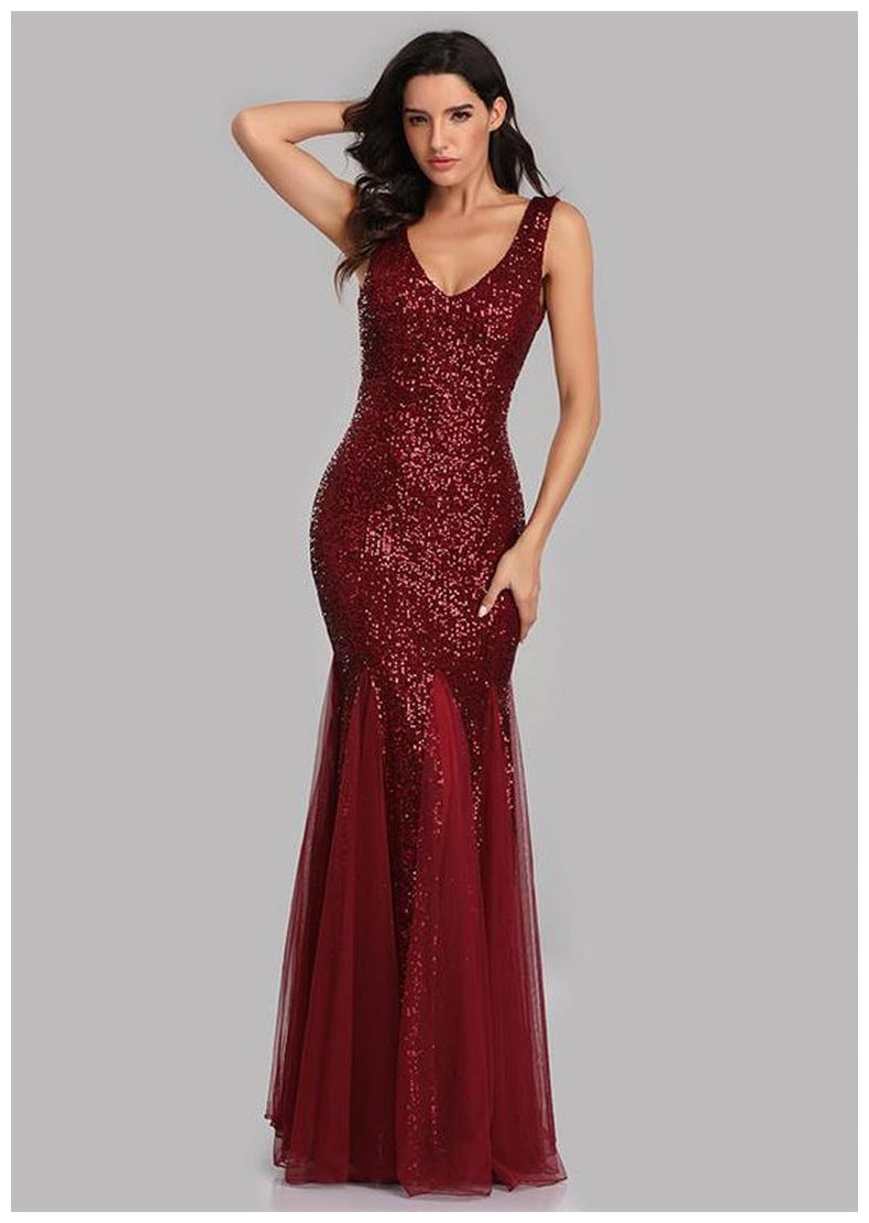 Sequin Stitching Mesh Mermaid Evening Dress Double V Neck Sleeveless Bridesmaid Elastic Dress