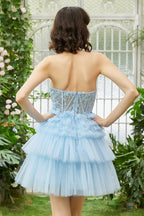 Lindo vestido de fiesta de línea A, escote corazón, corsé rosa claro con volantes
