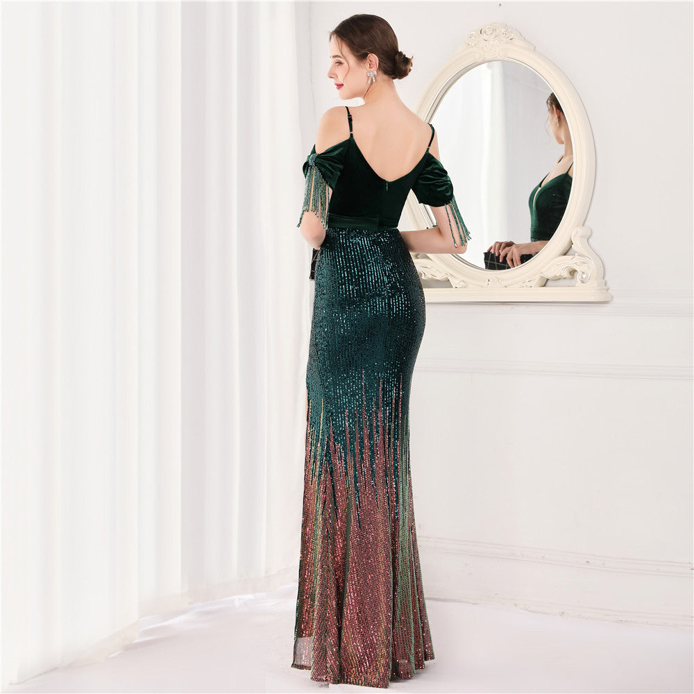 Velvet Spaghetti Straps Cocktail Evening Dress Dress Elegant Company Annual Meeting Women Sexy Long Short Sleeve