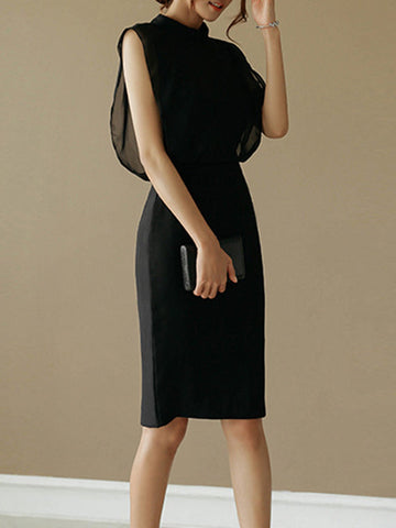 Vestidos de noche midi sueltos sin mangas de gasa calada transparente con abertura en la entrepierna, cremallera y cuello alto 